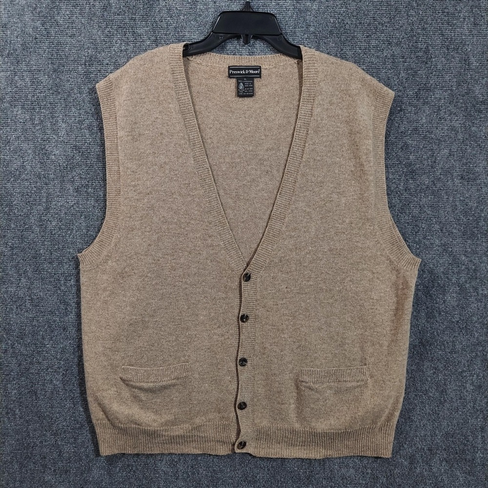 Preswick & Moore Sweater Vest Mens XL Beige Lambswool V Neck Button Pockets